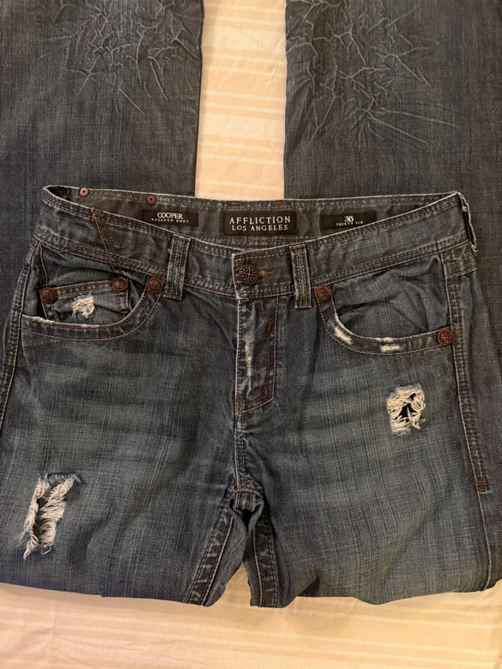 Affliction Distressed Blue Jeans with Embroidered Cross Back Pockets - Picture 3 of 9